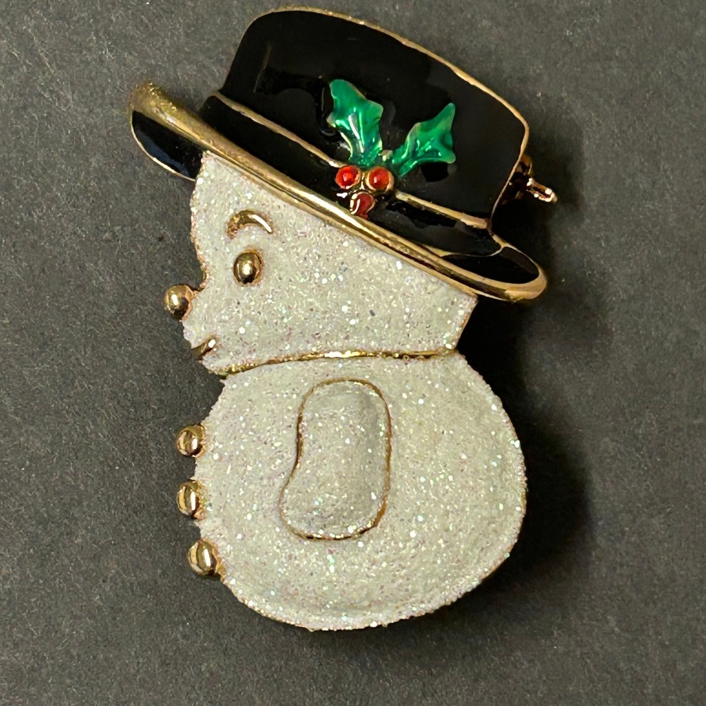 Snowman Brooch Glittery White Excellent Christmas Holiday Enamel Pin